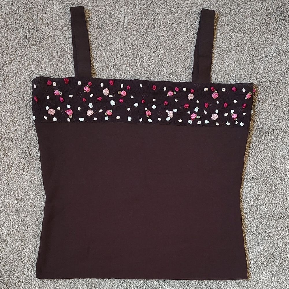 Women's Size Large Belldini Sleeveless Brown Top With Floral & Lace Detailing